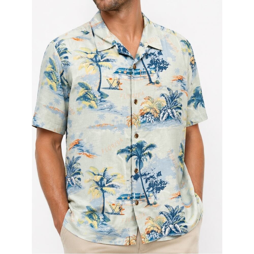 Tommy Bahama Silk Shirt Large Blue Palm Print Camp Hawaiian Button Up Florida